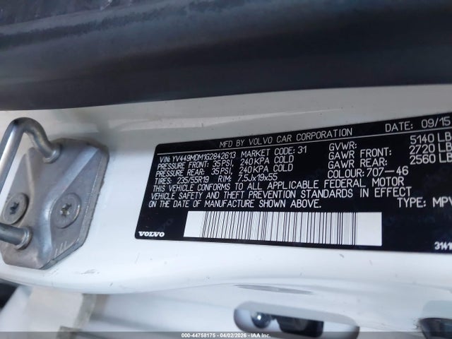 44758175 :رقم المزاد ، YV449MDM1G2842613 vin ، 2016 Volvo Xc60 T6 Drive-e Platinum مزاد بيع