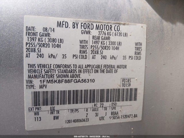 Auction sale of the 2015 Ford Explorer Limited, vin: 1FM5K8F88FGA56310, lot number: 44758179