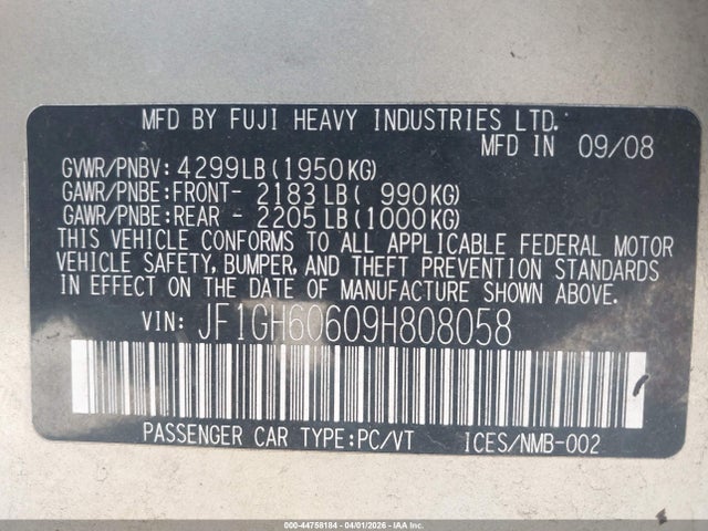 44758184 :رقم المزاد ، JF1GH60609H808058 vin ، 2009 Subaru Impreza 2.5i مزاد بيع