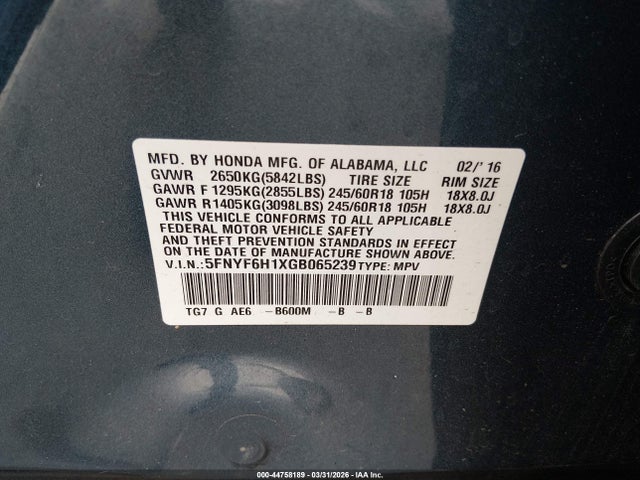 5FNYF6H1XGB065239 Honda PILOT LX