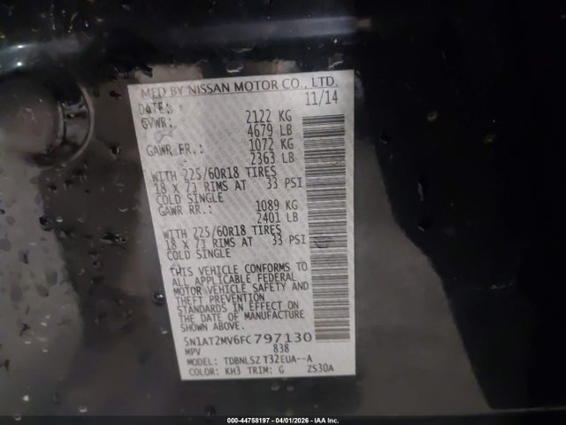 Aukcja sprzedaży 2015 Nissan Rogue Sl, vin: 5N1AT2MV6FC797130, numer aukcji: 44758197