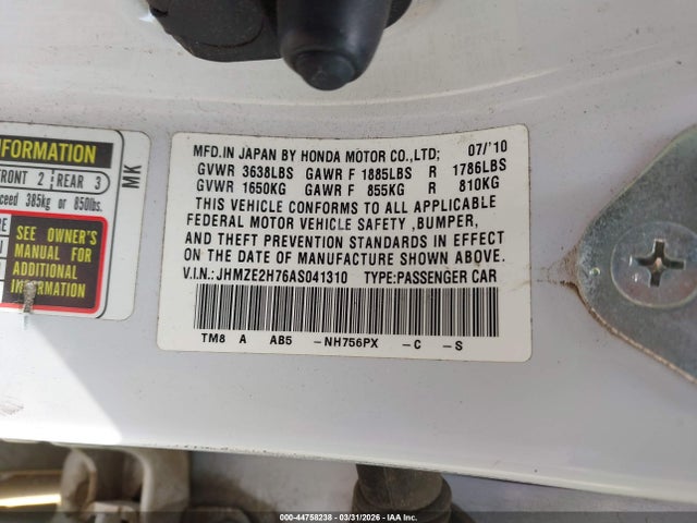 44758238 :رقم المزاد ، JHMZE2H76AS041310 vin ، 2010 Honda Insight Ex مزاد بيع