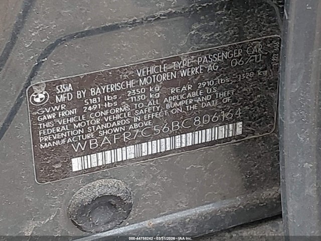 44758242 :رقم المزاد ، WBAFR7C56BC806164 vin ، 2011 Bmw 535i مزاد بيع