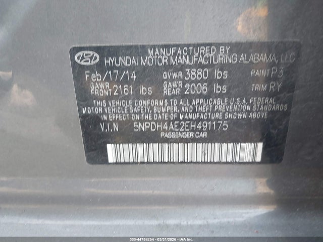 44758254 :رقم المزاد ، 5NPDH4AE2EH491175 vin ، 2014 Hyundai Elantra Limited مزاد بيع
