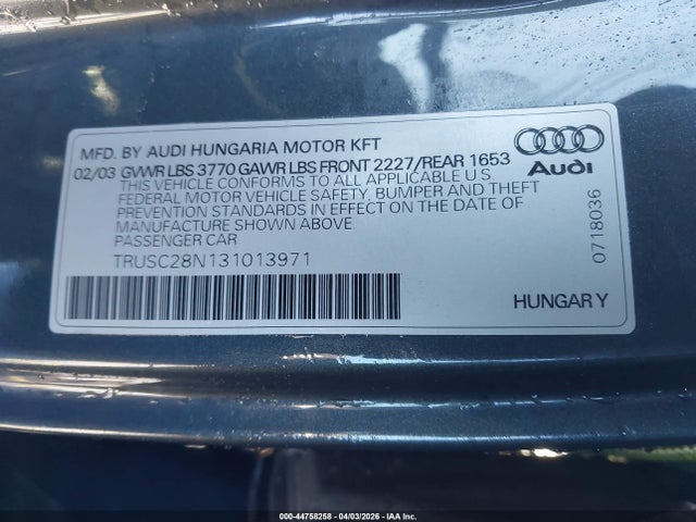 Продажа на аукционе авто 2003 Audi Tt 1.8l, vin: TRUSC28N131013971, номер лота: 44758258
