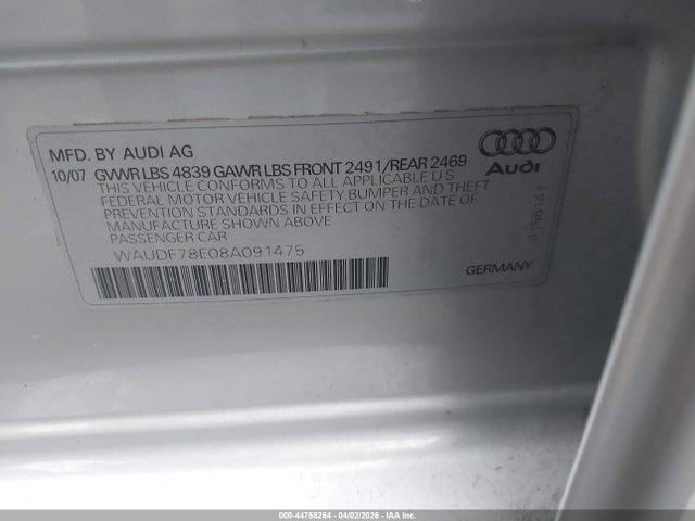44758264 :رقم المزاد ، WAUDF78E08A091475 vin ، 2008 Audi A4 2.0t مزاد بيع