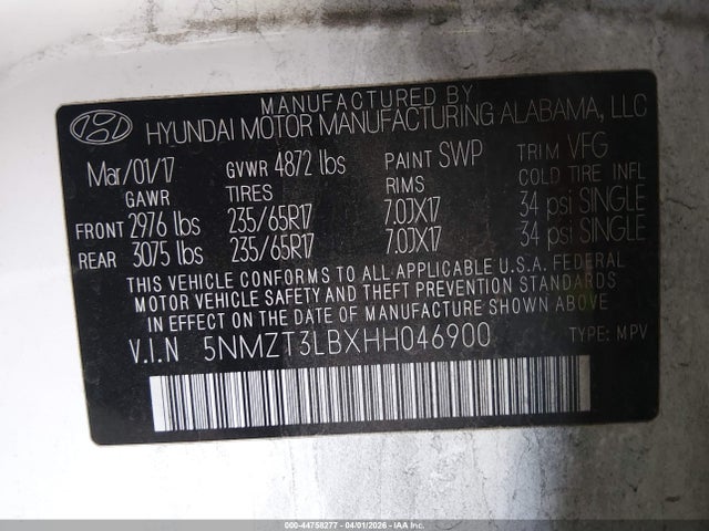 5NMZT3LBXHH046900 Hyundai Santa Fe Sport 2.4l