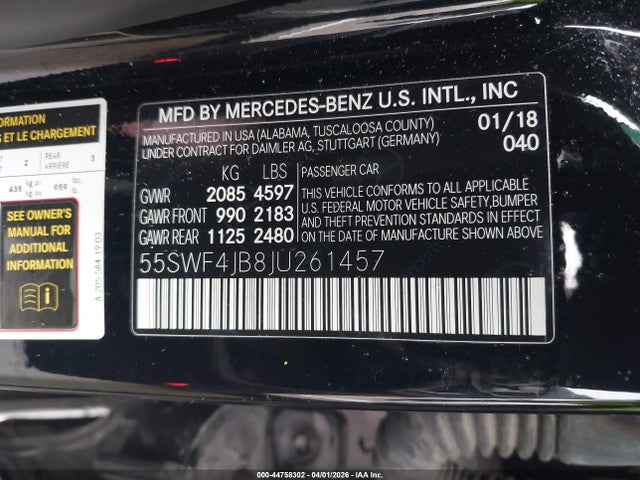 Aukcja sprzedaży 2018 Mercedes-benz C 300, vin: 55SWF4JB8JU261457, numer aukcji: 44758302