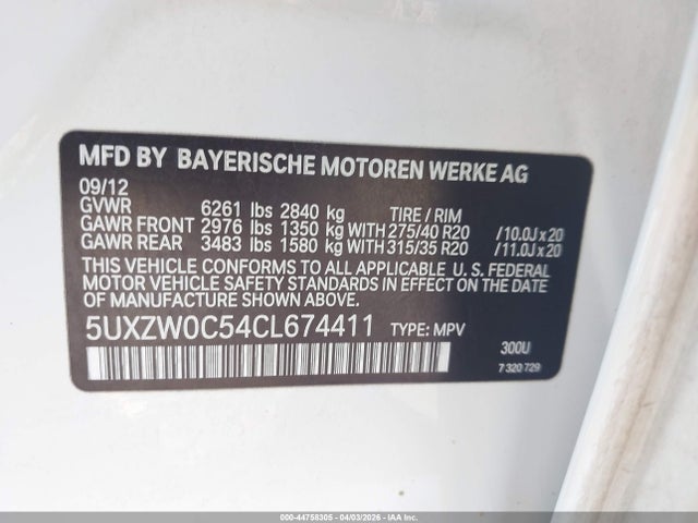 44758305 :رقم المزاد ، 5UXZW0C54CL674411 vin ، 2012 Bmw X5 Xdrive35d مزاد بيع