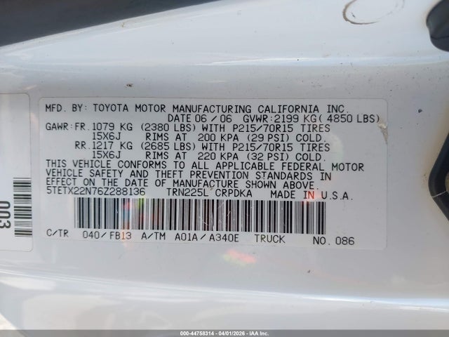 44758314 :رقم المزاد ، 5TETX22N76Z288136 vin ، 2006 Toyota Tacoma مزاد بيع