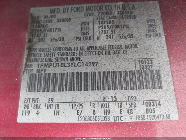 44758331 :رقم المزاد ، 1FMPU18L3YLC14297 vin ، 2000 Ford Expedition Eddie Bauer مزاد بيع