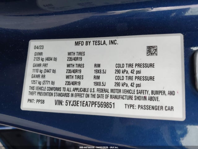 Aukcja sprzedaży 2023 Tesla Model 3 Rear-wheel Drive, vin: 5YJ3E1EA7PF569851, numer aukcji: 44758335