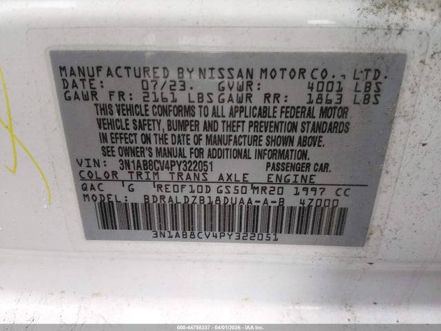 44758337 :رقم المزاد ، 3N1AB8CV4PY322051 vin ، 2023 Nissan Sentra Sv Xtronic Cvt مزاد بيع
