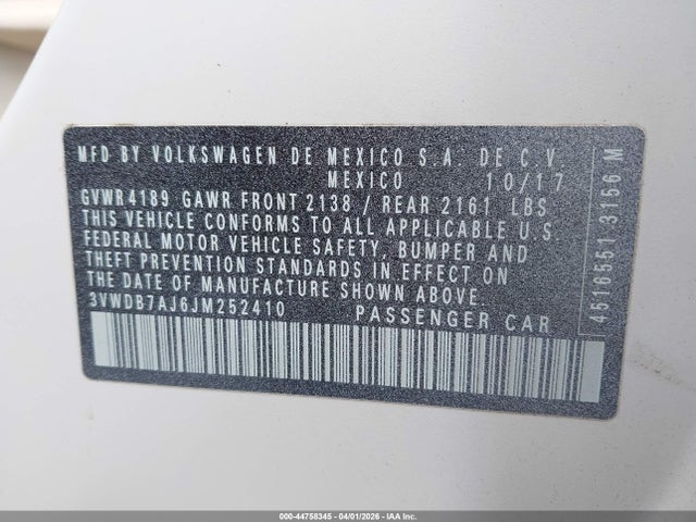44758345 :رقم المزاد ، 3VWDB7AJ6JM252410 vin ، 2018 Volkswagen Jetta 1.4t Se/1.4t Wolfsburg Edition مزاد بيع