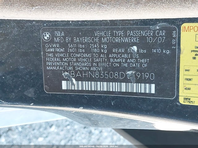 2008 Bmw 750li მანქანა იყიდება აუქციონზე, vin: WBAHN83508DT79190, აუქციონის ნომერი: 44758346
