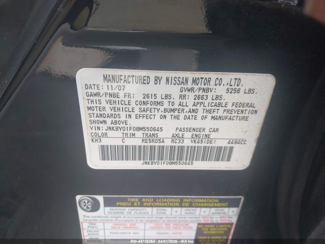 44758364 :رقم المزاد ، JNKBY01F08M550645 vin ، 2008 Infiniti M45x مزاد بيع