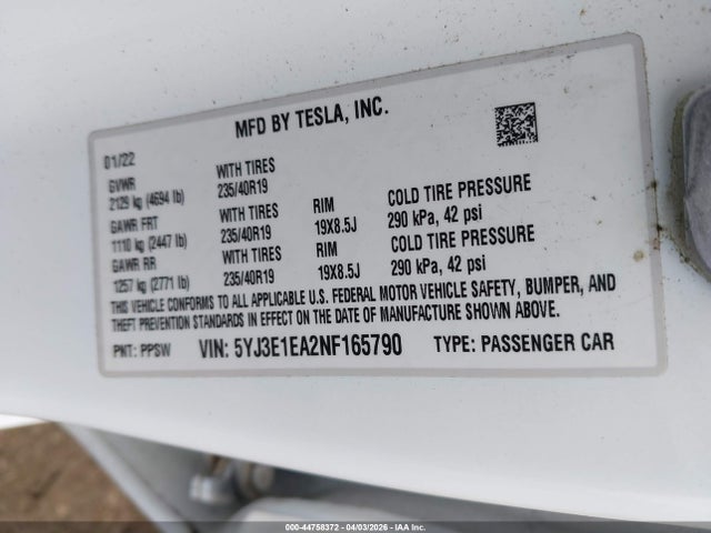 Продаж на аукціоні авто 2022 Tesla Model 3 Rear-wheel Drive, vin: 5YJ3E1EA2NF165790, номер лоту: 44758372