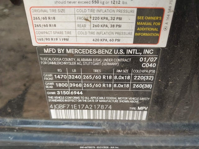 44758379 :رقم المزاد ، 4JGBF71E17A217874 vin ، 2007 Mercedes-benz Gl 450 4matic مزاد بيع