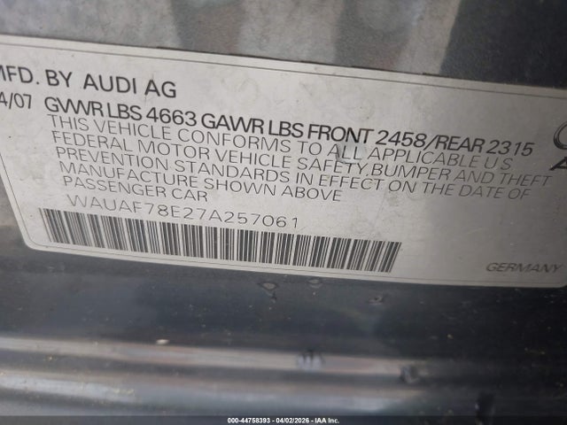 44758393 :رقم المزاد ، WAUAF78E27A257061 vin ، 2007 Audi A4 2.0t مزاد بيع