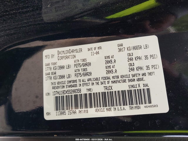 44758400 :رقم المزاد ، 1D7HU18DX5S208358 vin ، 2005 Dodge Ram 1500 Slt/laramie مزاد بيع