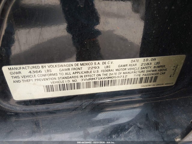 Продажа на аукционе авто 2009 Volkswagen Jetta Se/sel, vin: 3VWRM71K69M059212, номер лота: 44758402