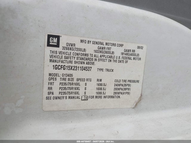 Продаж на аукціоні авто 2003 Chevrolet Express, vin: 1GCFG15X231104537, номер лоту: 44758407