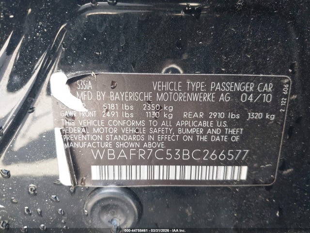 44758461 :رقم المزاد ، WBAFR7C53BC266577 vin ، 2011 Bmw 535i مزاد بيع