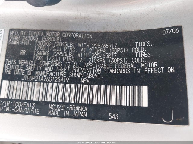 2006 Toyota Highlander Limited V6 მანქანა იყიდება აუქციონზე, vin: JTEDP21A760125419, აუქციონის ნომერი: 44758463