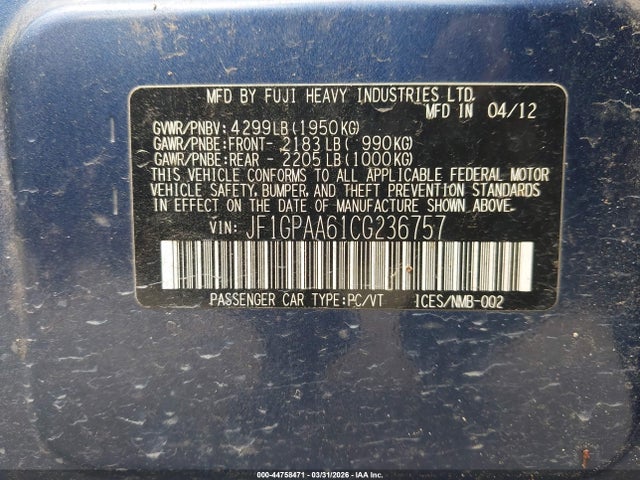 Aukcja sprzedaży 2012 Subaru Impreza 2.0i, vin: JF1GPAA61CG236757, numer aukcji: 44758471