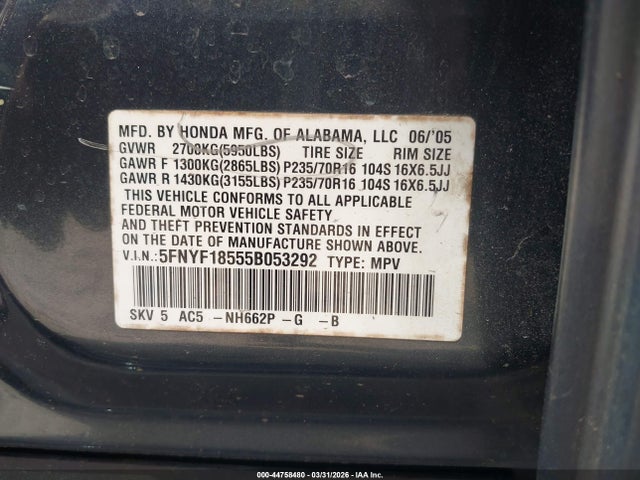 44758480 :رقم المزاد ، 5FNYF18555B053292 vin ، 2005 Honda Pilot Ex-l مزاد بيع