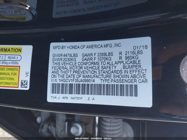 Продаж на аукціоні авто 2018 Honda Accord Sport, vin: 1HGCV1F35JA099014, номер лоту: 44758547