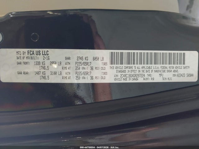 2016 Chrysler Town & Country Touring მანქანა იყიდება აუქციონზე, vin: 2C4RC1BG4GR297224, აუქციონის ნომერი: 44758554