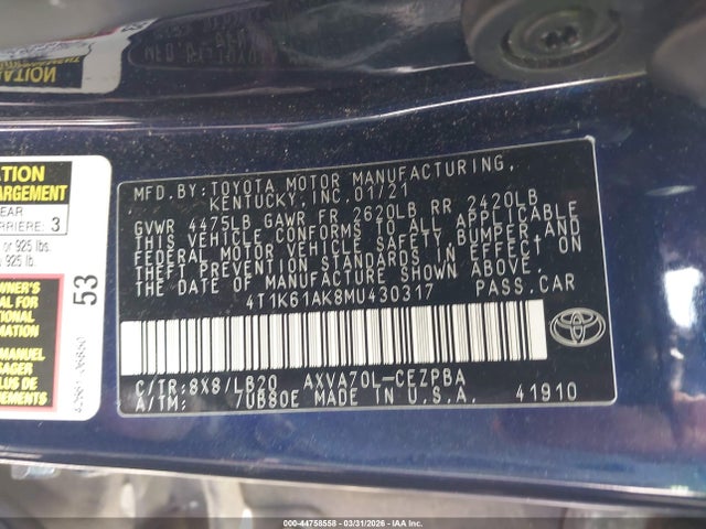 Продажа на аукционе авто 2021 Toyota Camry Xse, vin: 4T1K61AK8MU430317, номер лота: 44758558