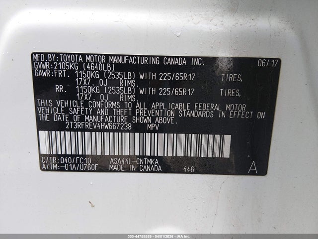 2017 Toyota Rav4 Xle მანქანა იყიდება აუქციონზე, vin: 2T3RFREV4HW667238, აუქციონის ნომერი: 44758559