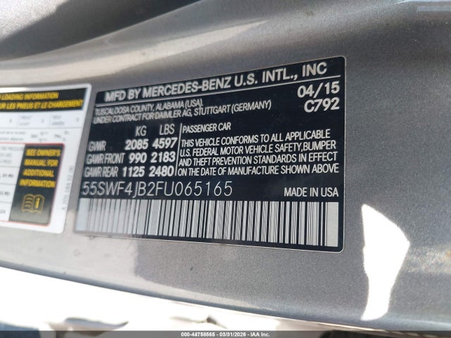 44758565 :رقم المزاد ، 55SWF4JB2FU065165 vin ، 2015 Mercedes-benz C 300 Luxury/sport مزاد بيع