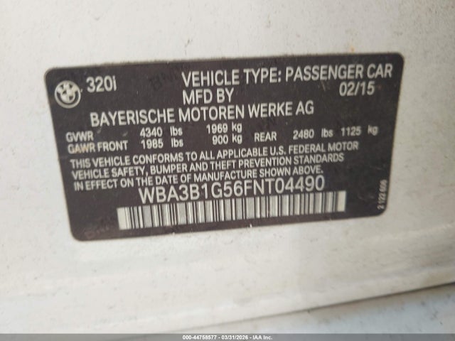 Продажа на аукционе авто 2015 Bmw 320i, vin: WBA3B1G56FNT04490, номер лота: 44758577