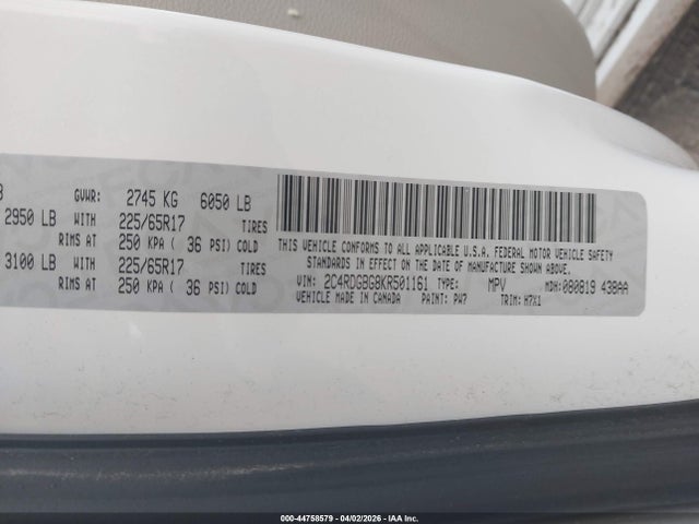 Продажа на аукционе авто 2019 Dodge Grand Caravan Se, vin: 2C4RDGBG8KR501161, номер лота: 44758579