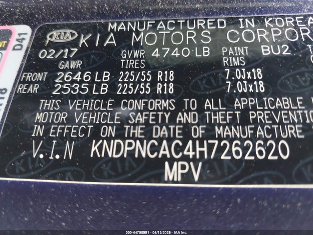 2017 Kia Sportage Ex მანქანა იყიდება აუქციონზე, vin: KNDPNCAC4H7262620, აუქციონის ნომერი: 44758581