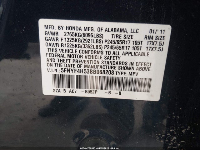 2011 HONDA PILOT 5FNYF4H53BB068208 Photo 8