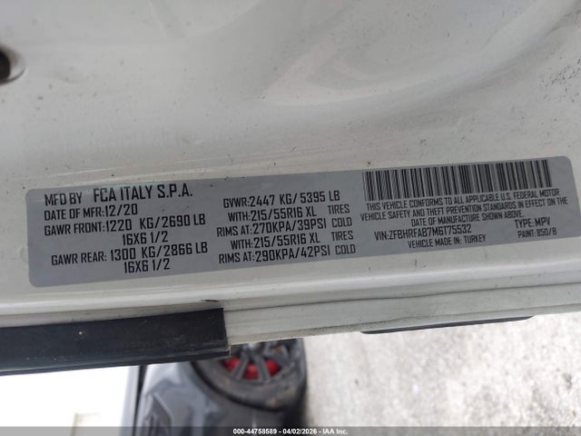 Продаж на аукціоні авто 2021 Ram Promaster City Tradesman, vin: ZFBHRFAB7M6T75532, номер лоту: 44758589