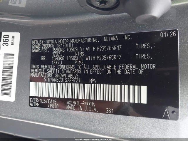 5TDYRKEC3TS299721 Toyota SIENNA XLE