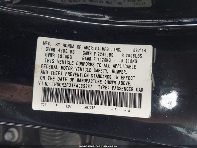 44758605 :رقم المزاد ، 1HGCR2F31FA005387 vin ، 2015 Honda Accord Lx مزاد بيع