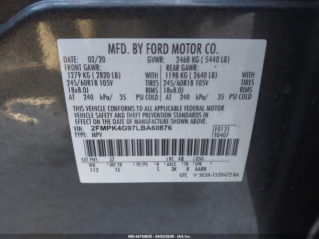Aukcja sprzedaży 2020 Ford Edge Se, vin: 2FMPK4G97LBA60876, numer aukcji: 44758638