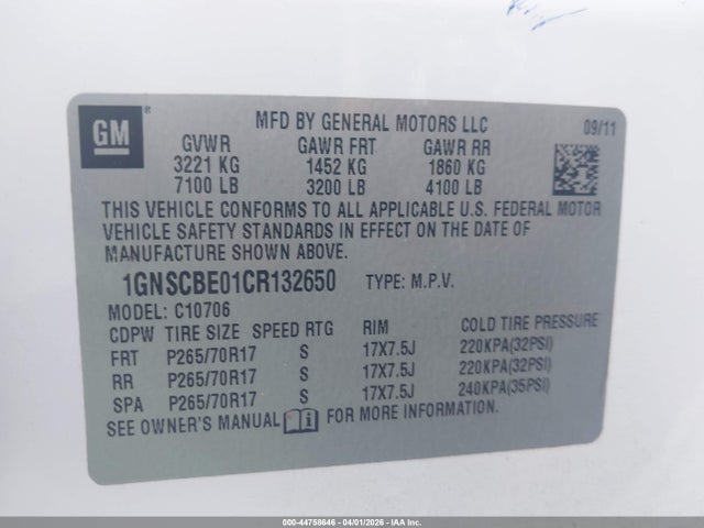 Продажа на аукционе авто 2012 Chevrolet Tahoe Lt, vin: 1GNSCBE01CR132650, номер лота: 44758646