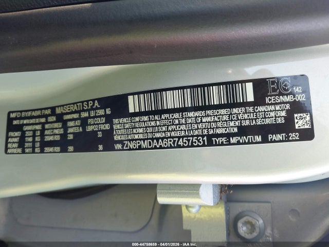 44758659 :رقم المزاد ، ZN6PMDAA6R7457531 vin ، 2024 Maserati Grecale Gt مزاد بيع