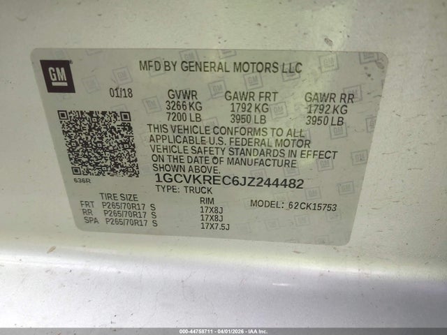 Aukcja sprzedaży 2018 Chevrolet Silverado 1500 1lt, vin: 1GCVKREC6JZ244482, numer aukcji: 44758711