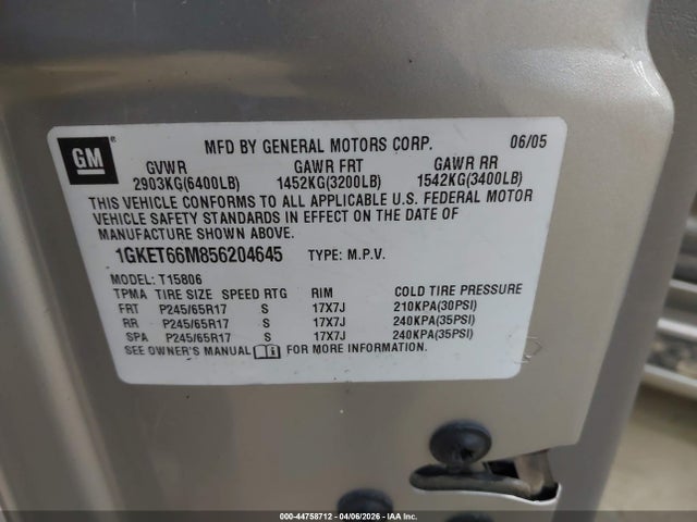 Aukcja sprzedaży 2005 Gmc Envoy Xl Denali, vin: 1GKET66M856204645, numer aukcji: 44758712