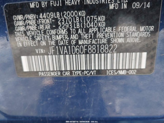Aukcja sprzedaży 2015 Subaru Wrx Premium, vin: JF1VA1D60F8818822, numer aukcji: 44758714