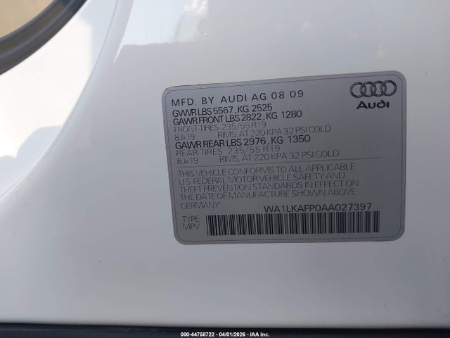 Продажа на аукционе авто 2010 Audi Q5 3.2 Premium, vin: WA1LKAFP0AA027397, номер лота: 44758722