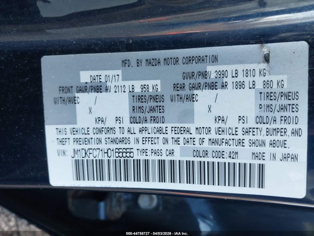 44758727 :رقم المزاد ، JM1DKFC71H0165655 vin ، 2017 Mazda Cx-3 Touring مزاد بيع